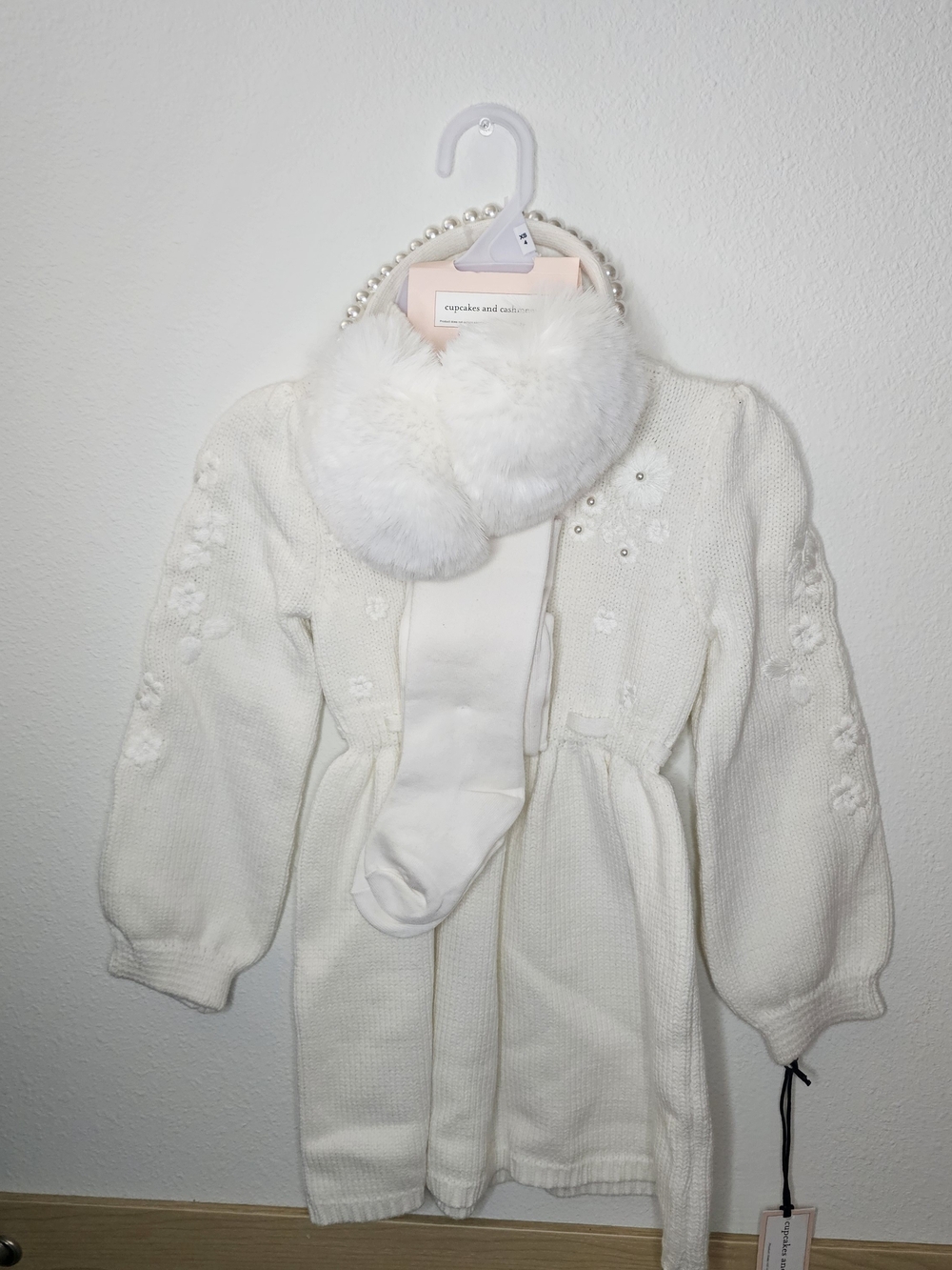 White Knit Girls' Coat with Faux Fur Collar